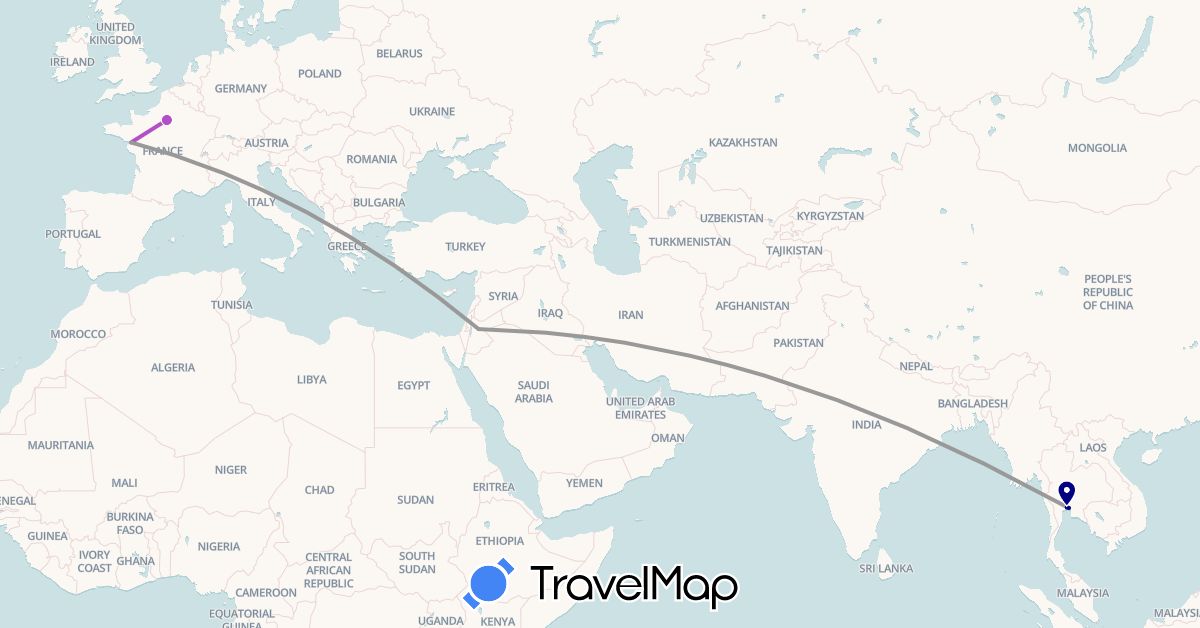 TravelMap itinerary: driving, plane, train in France, Jordan, Thailand (Asia, Europe)